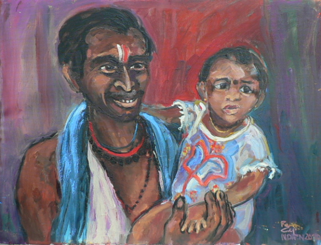 Regina Zepnick,"Stolzer Vater", Öl/ Lw, 60 x 80 cm, Indien 2010
