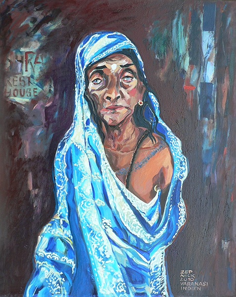 Johannes Zepnick,"Frau aus Varanasi im blauen Sari", Oel/LW, 100 x 80 ,  Indien 2010cm