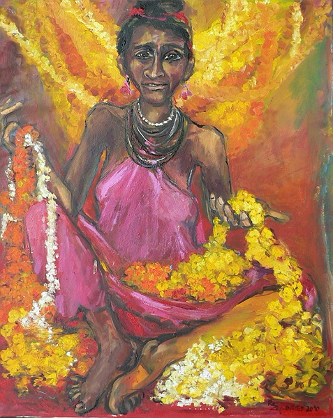 Regina Zepnick,"Die Blumengirlandenverkäuferin", Oel/LW, 100 x 80 cm, Indien 2010